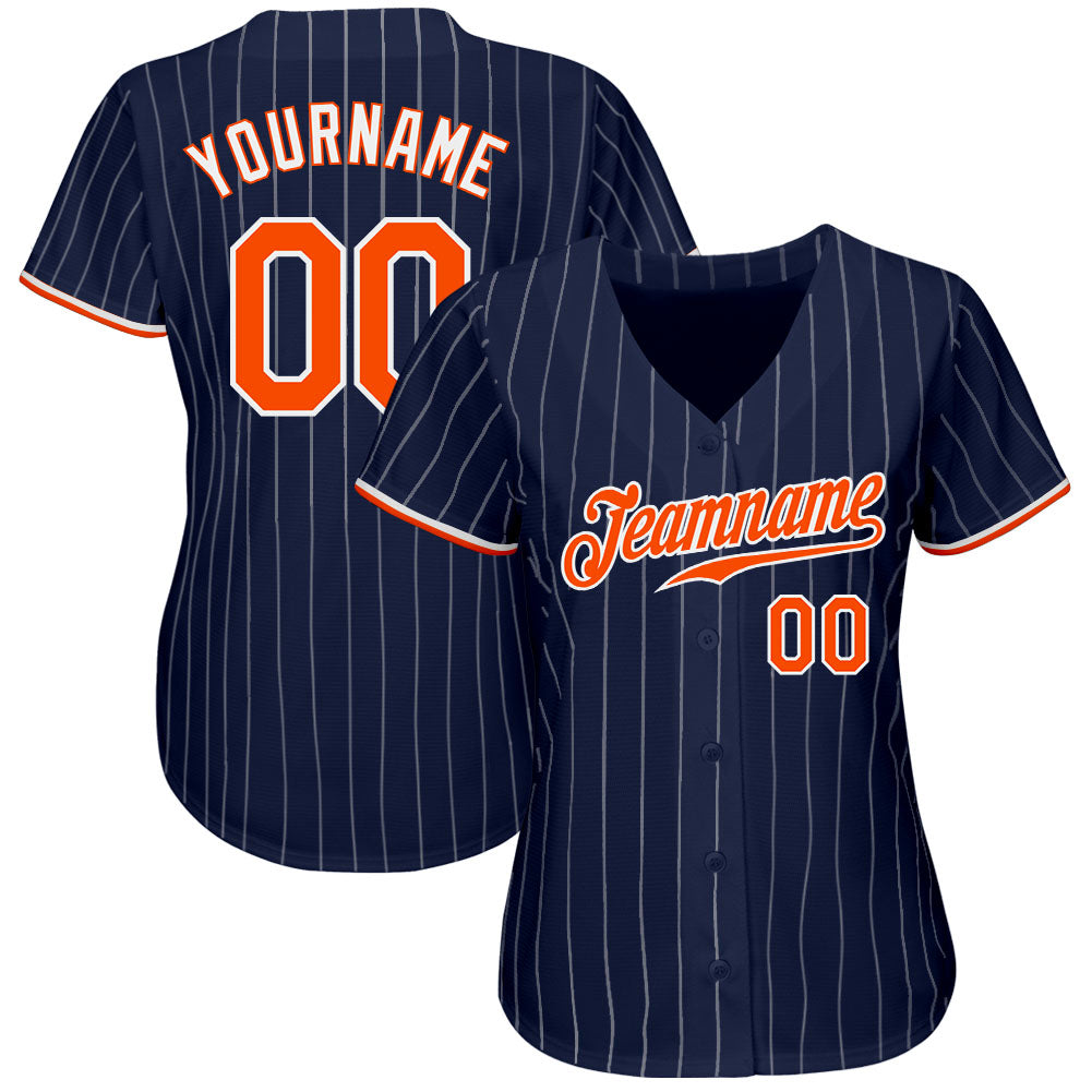 Cheap Custom White Orange Pinstripe Navy Authentic Baseball Jersey