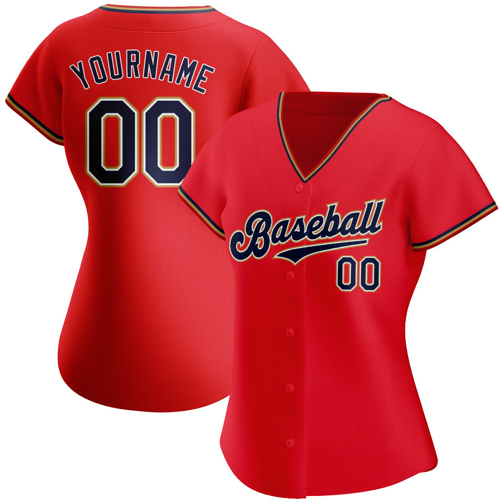 Custom Red Navy-Old Gold Authentic Baseball Jersey Women's Size:2XL