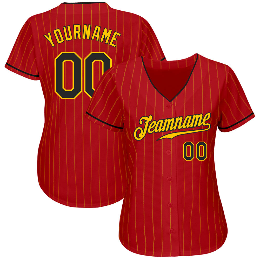 Custom Red Black Pinstripe Black-White Authentic Baseball Jersey