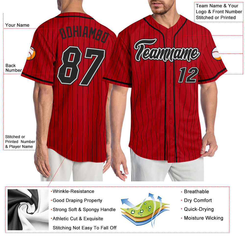 Custom Pinstriped Baseball Jersey| Full Button Down, White with Scarlet Red Pinstripes Personalized Jersey with Your Team, Player, Numbers