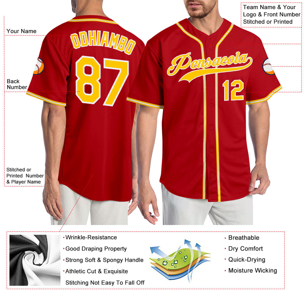 Cheap Custom Red Gold-White Authentic Baseball Jersey Free