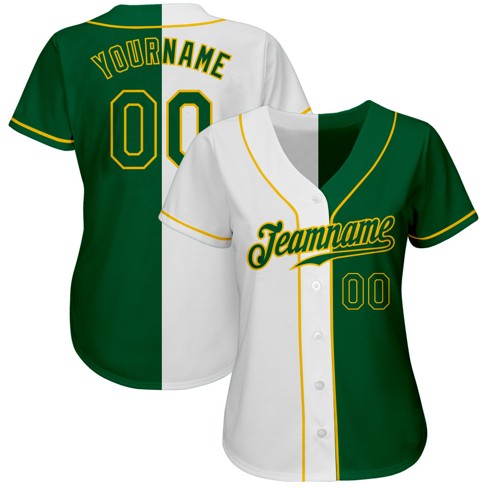 Custom White Kelly Green-Gold Authentic Split Fashion Baseball Jersey Women's Size:M