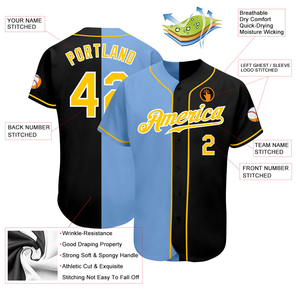 Custom Team Gold Baseball Authentic Black Split Fashion Jersey Light Blue