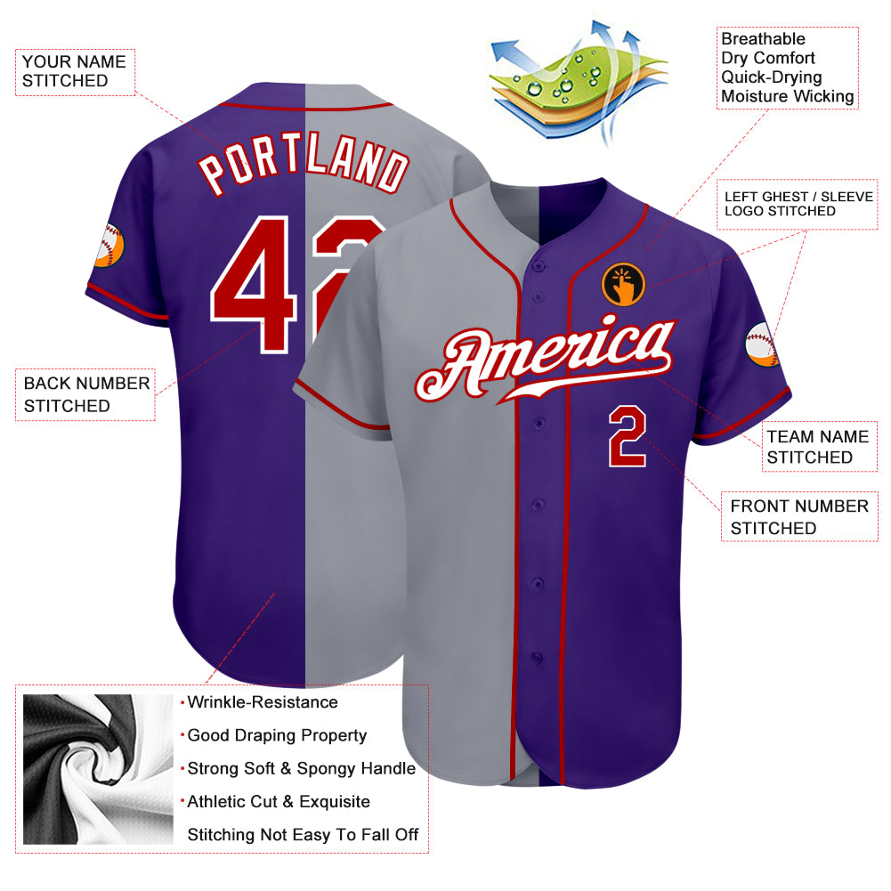 Custom Purple Red-Gray Authentic Split Fashion Baseball Jersey Discount