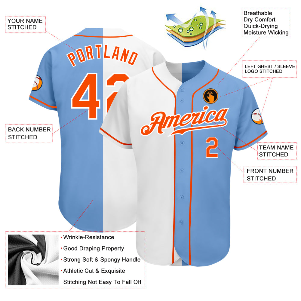 Cheap Custom Light Blue Orange-White Authentic Split Fashion Baseball Jersey  Free Shipping – CustomJerseysPro