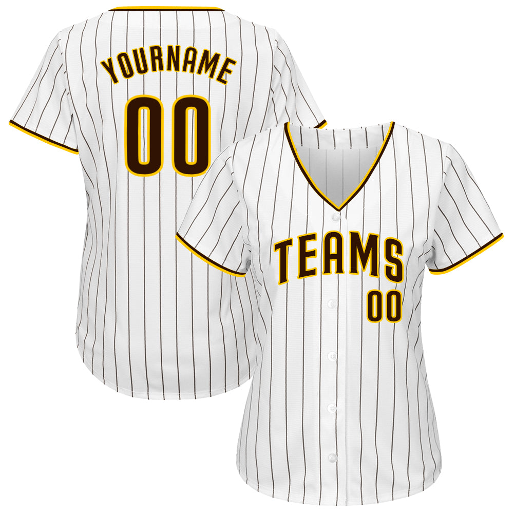 Custom White Brown Pinstripe Brown-Gold Authentic Baseball Jersey Discount