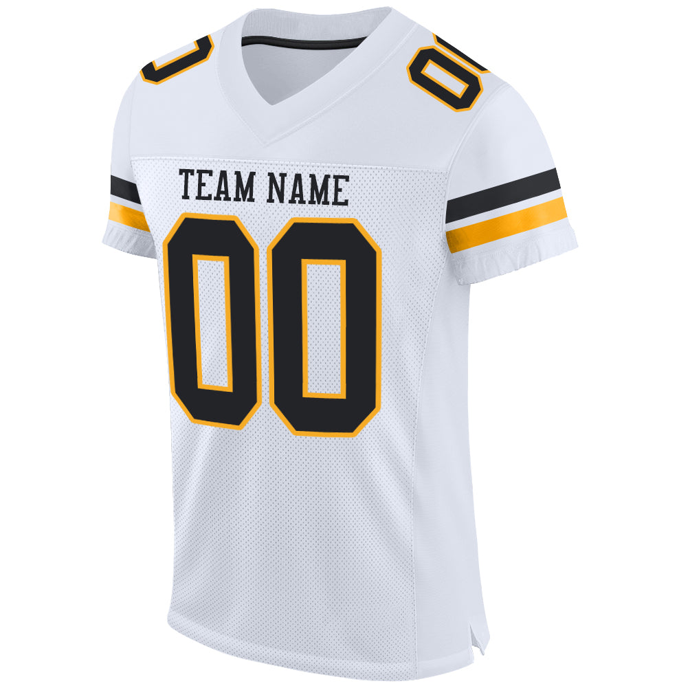 Custom White Black-Gold Mesh Authentic Football Jersey