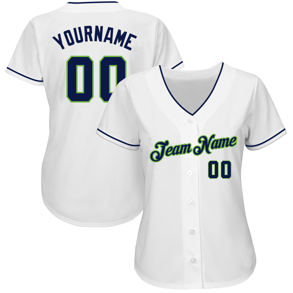 Custom Team White Baseball Authentic Navy Jersey Neon Green