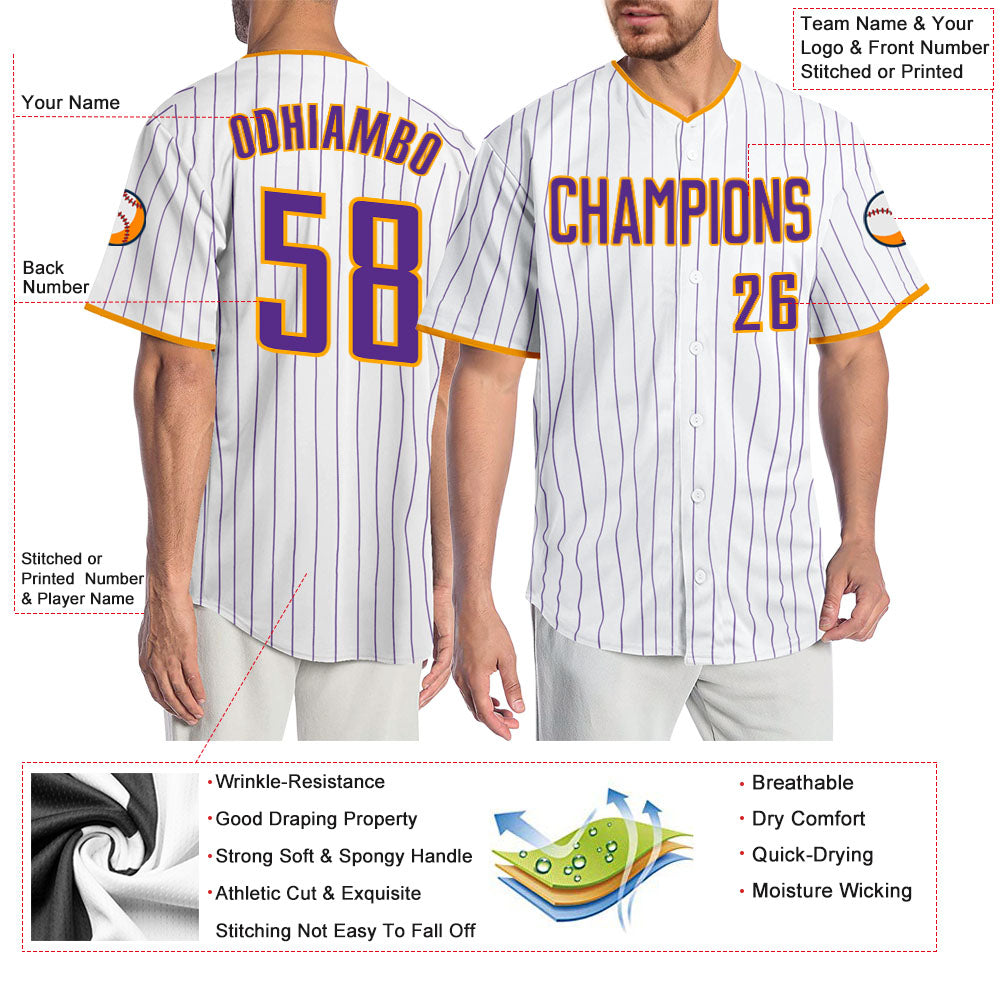 Custom Pinstripe Baseball Jersey White Purple Purple-Gold