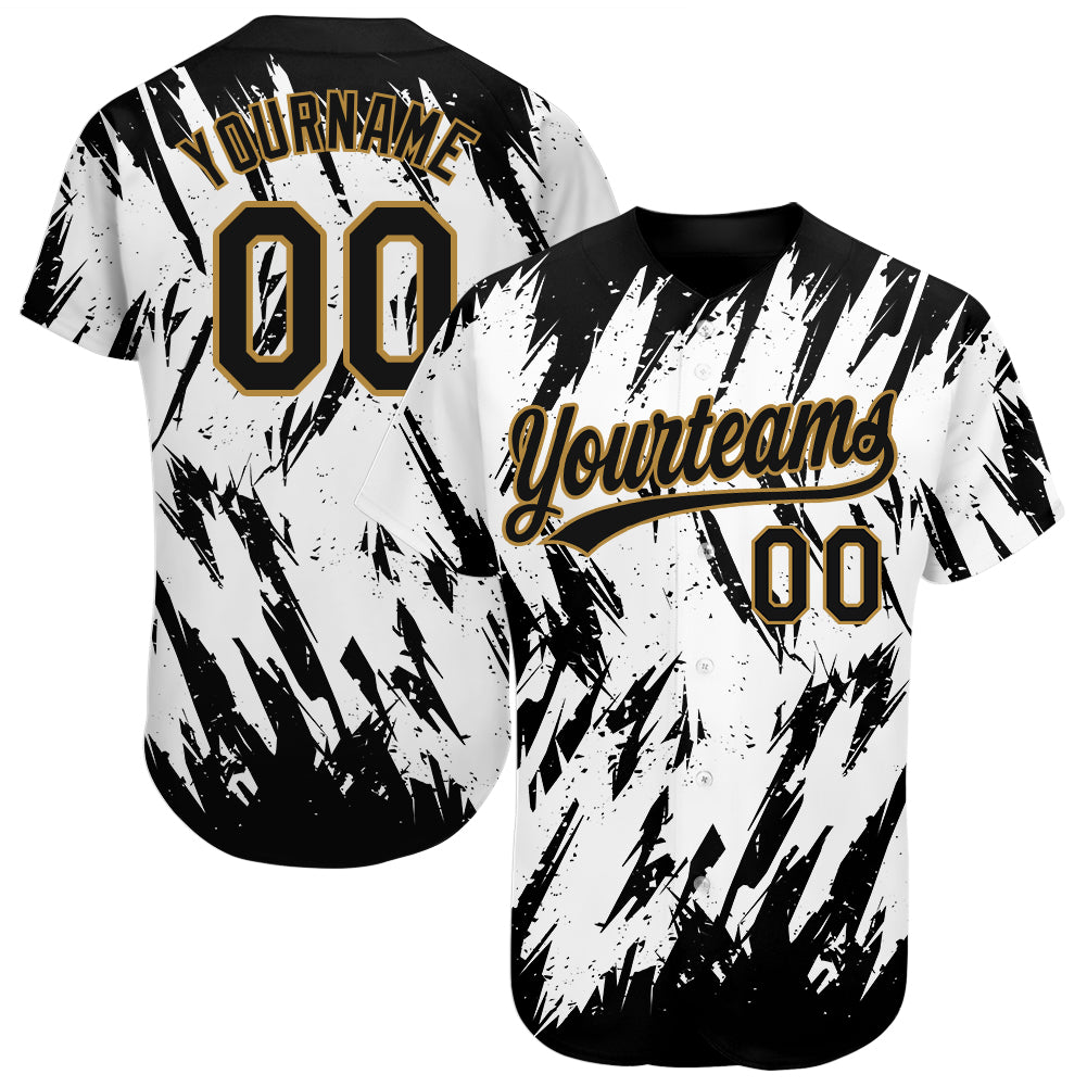 Custom White Black-Old Gold 3D Pattern Design Authentic Baseball Jersey