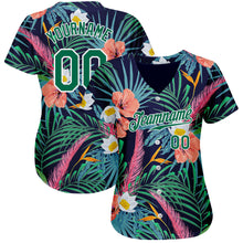 Load image into Gallery viewer, Custom Black Kelly Green-White 3D Pattern Design Hawaii Palm Leaves And Flowers Authentic Baseball Jersey
