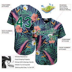 Custom Black Kelly Green-White 3D Pattern Design Hawaii Palm Leaves And Flowers Authentic Baseball Jersey