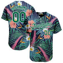 Laden Sie das Bild in den Galerie-Viewer, Custom Black Kelly Green-White 3D Pattern Design Hawaii Palm Leaves And Flowers Authentic Baseball Jersey
