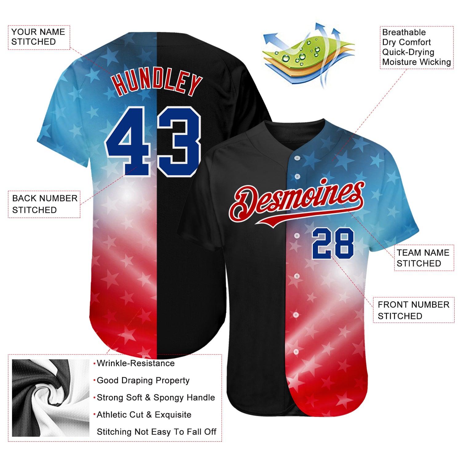 Custom White Red-Royal 3D American Flag Fashion Authentic Baseball Jersey  Discount