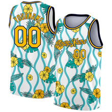 Charger l&#39;image dans la galerie, Custom White Gold-Navy 3D Pattern Tropical Hawaii Plant And Flower Authentic Basketball Jersey
