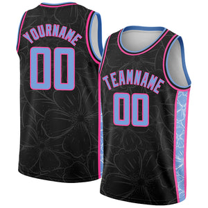 Custom Black Light Blue-Pink Flowers Authentic City Edition Basketball Jersey