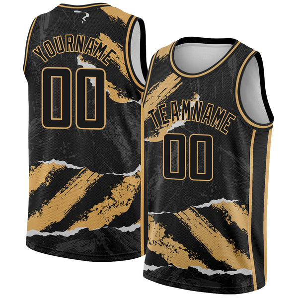 2024 Cheap Custom Black Old Gold 3D Pattern Design Torn Paper Style Authentic Basketball Jersey Free Shipping CustomJerseysPro