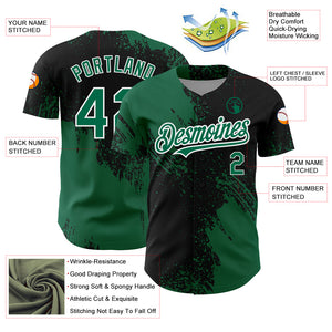 Custom Black Kelly Green-White 3D Pattern Design Abstract Brush Stroke Authentic Baseball Jersey