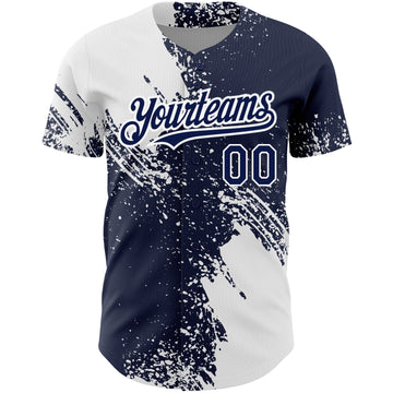 Custom Navy White 3D Pattern Design Abstract Brush Stroke Authentic Baseball Jersey