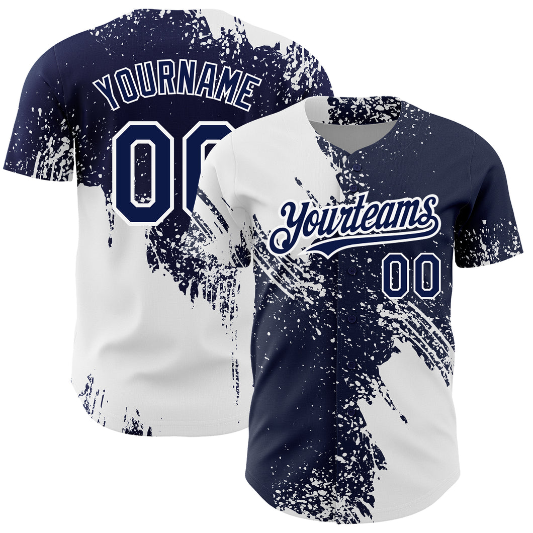 Custom Navy White 3D Pattern Design Abstract Brush Stroke Authentic Baseball Jersey