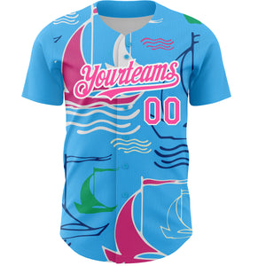 Custom Sky Blue Pink-White 3D Pattern Design Sailing Boats Authentic Baseball Jersey