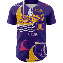 Load image into Gallery viewer, Custom Purple Gold 3D Pattern Design Sailing Boats Authentic Baseball Jersey
