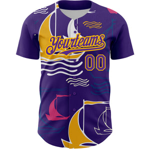 Custom Purple Gold 3D Pattern Design Sailing Boats Authentic Baseball Jersey