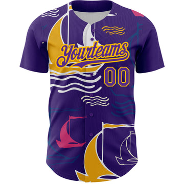 Custom Purple Gold 3D Pattern Design Sailing Boats Authentic Baseball Jersey