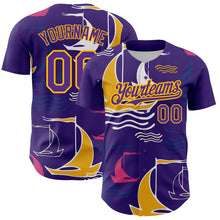 Load image into Gallery viewer, Custom Purple Gold 3D Pattern Design Sailing Boats Authentic Baseball Jersey
