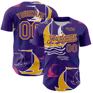 Custom Purple Gold 3D Pattern Design Sailing Boats Authentic Baseball Jersey