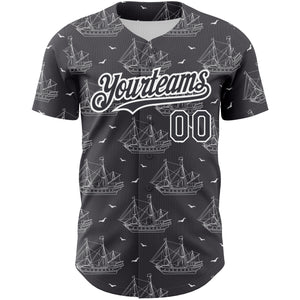 Custom Steel Gray White 3D Pattern Design Ship Frigate With Seagulls Authentic Baseball Jersey