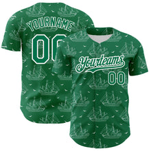 Load image into Gallery viewer, Custom Kelly Green White 3D Pattern Design Ship Frigate With Seagulls Authentic Baseball Jersey
