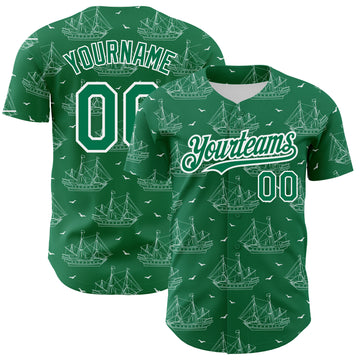 Custom Kelly Green White 3D Pattern Design Ship Frigate With Seagulls Authentic Baseball Jersey