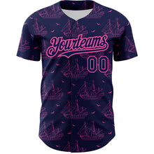 Load image into Gallery viewer, Custom Navy Pink 3D Pattern Design Ship Frigate With Seagulls Authentic Baseball Jersey
