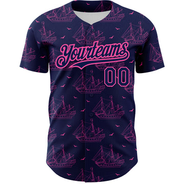 Custom Navy Pink 3D Pattern Design Ship Frigate With Seagulls Authentic Baseball Jersey