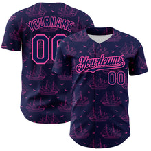 Load image into Gallery viewer, Custom Navy Pink 3D Pattern Design Ship Frigate With Seagulls Authentic Baseball Jersey
