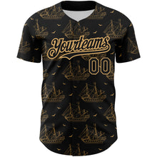 Load image into Gallery viewer, Custom Black Old Gold 3D Pattern Design Ship Frigate With Seagulls Authentic Baseball Jersey
