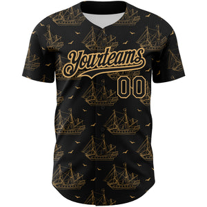 Custom Black Old Gold 3D Pattern Design Ship Frigate With Seagulls Authentic Baseball Jersey