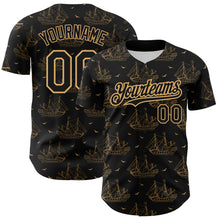 Load image into Gallery viewer, Custom Black Old Gold 3D Pattern Design Ship Frigate With Seagulls Authentic Baseball Jersey
