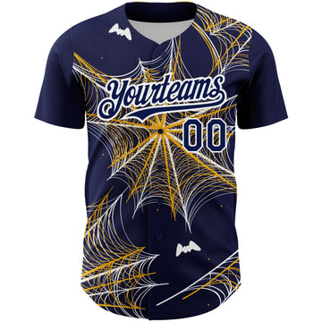 Custom Navy Gold-White 3D Pattern Design Spider Web Authentic Baseball Jersey