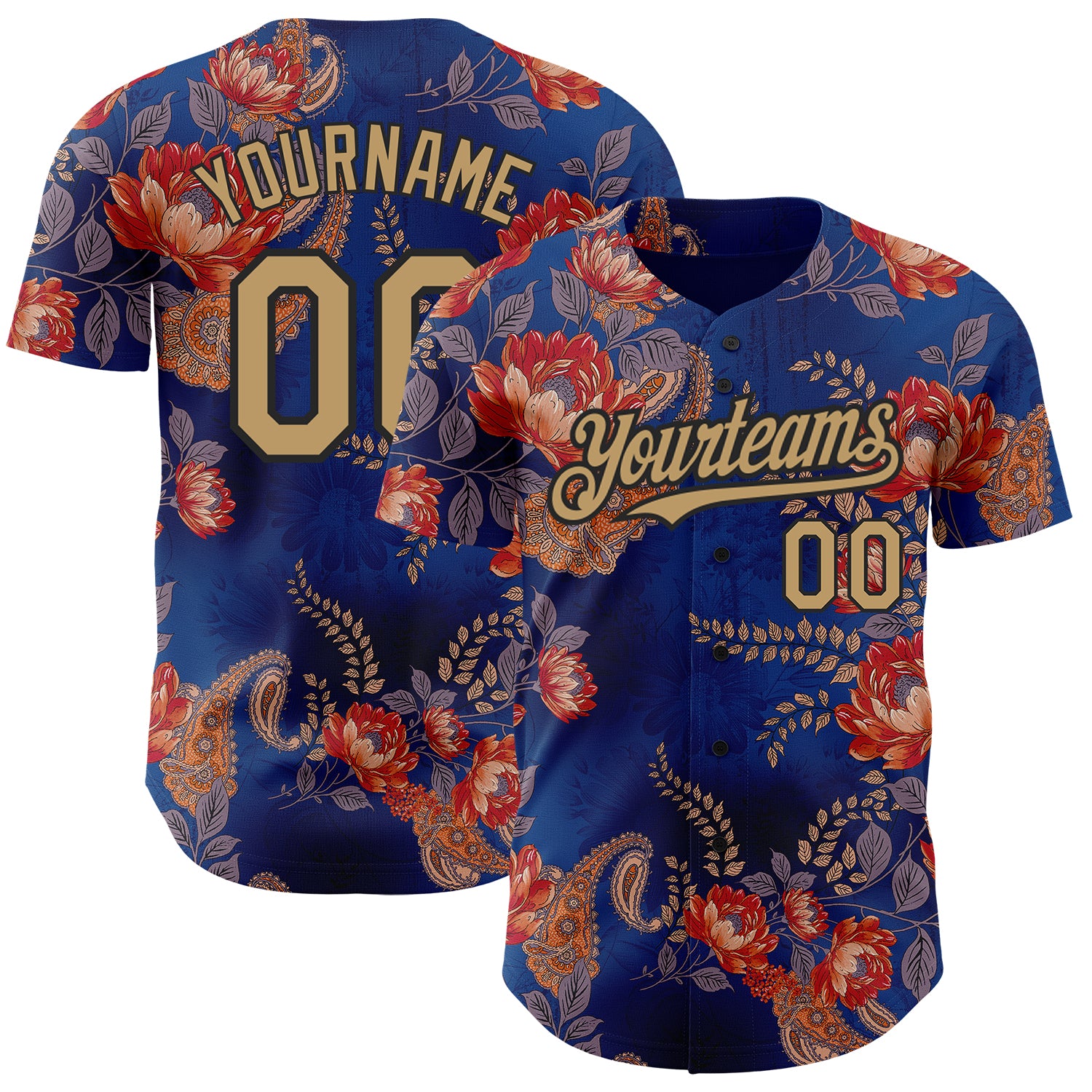 Custom Navy Old Gold Black 3D Pattern Design Northeast China Big Flower Authentic Baseball Jersey