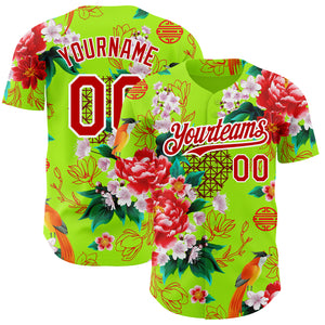 Custom Neon Green Red-White 3D Pattern Design Northeast China Big Flower Authentic Baseball Jersey