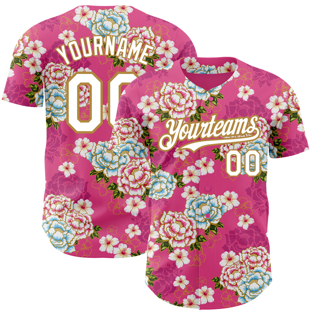 Custom Hot Pink White-Old Gold 3D Pattern Design Northeast China Big Flower Authentic Baseball Jersey