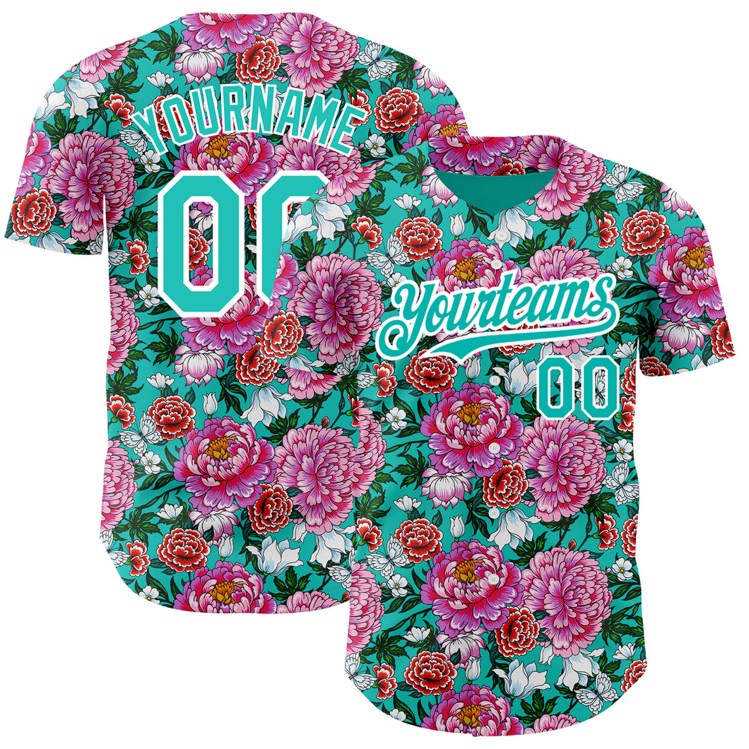 Custom Pink Aqua-White 3D Pattern Design Northeast China Big Flower Authentic Baseball Jersey