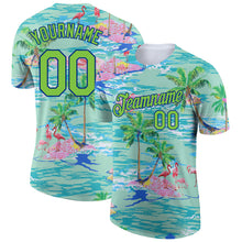 Charger l&#39;image dans la galerie, Custom Lakes Blue Neon Green-Navy 3D Pattern Design Beach Hawaii Palm Trees And Flamingo Performance T-Shirt
