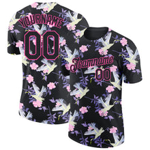 Загрузить изображение в средство просмотра галереи, Custom Black Pink 3D Pattern Design Flowers And Crane Performance T-Shirt
