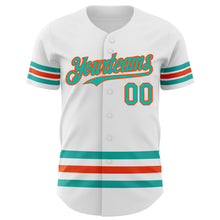 Laden Sie das Bild in den Galerie-Viewer, Custom White Aqua-Orange Line Authentic Baseball Jersey

