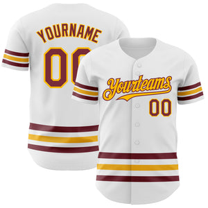 Custom White Burgundy-Gold Line Authentic Baseball Jersey