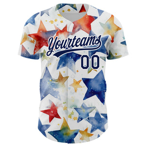 Custom White Navy-Red 3D Pattern Design Stars Authentic Baseball Jersey