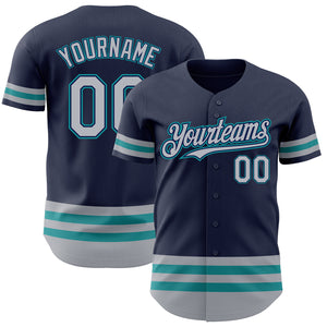 Custom Navy Gray-Teal Line Authentic Baseball Jersey